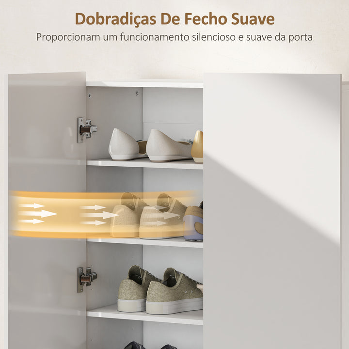 Sapateira de 2 Portas com Fecho Suave Sapateira para Entrada com Prateleiras Ajustáveis Orifícios de Ventilação para 20 Pares de Sapatos 72x34,5x103 cm Branco Brilhante