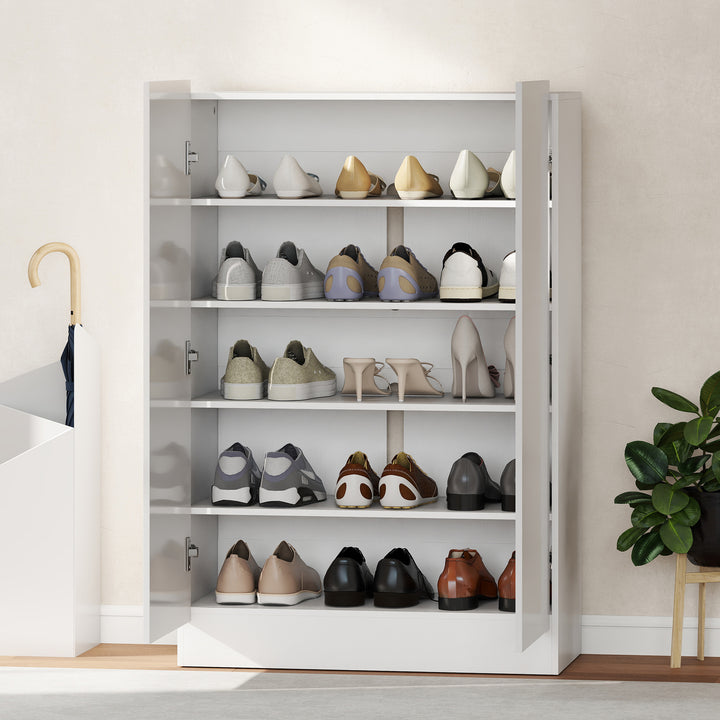 Sapateira de 2 Portas com Fecho Suave Sapateira para Entrada com Prateleiras Ajustáveis Orifícios de Ventilação para 20 Pares de Sapatos 72x34,5x103 cm Branco Brilhante