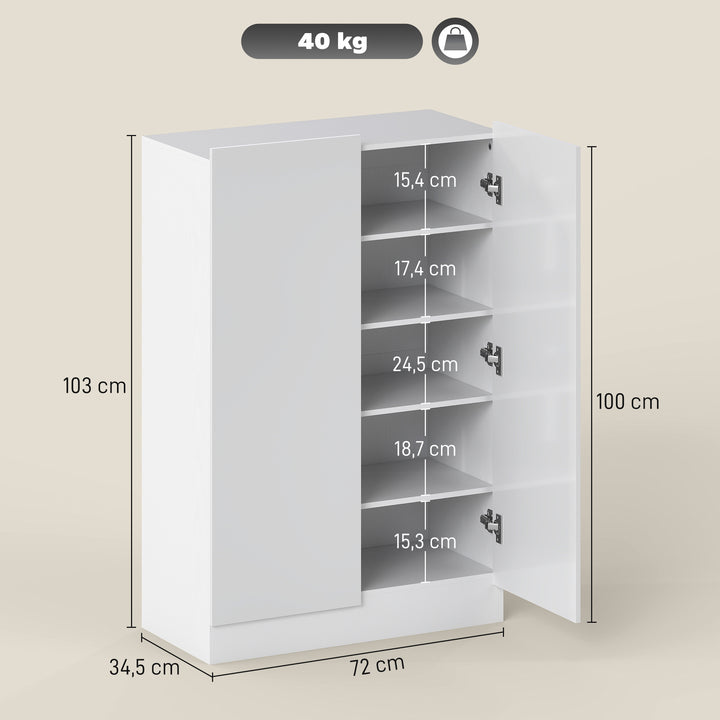 Sapateira de 2 Portas com Fecho Suave Sapateira para Entrada com Prateleiras Ajustáveis Orifícios de Ventilação para 20 Pares de Sapatos 72x34,5x103 cm Branco Brilhante