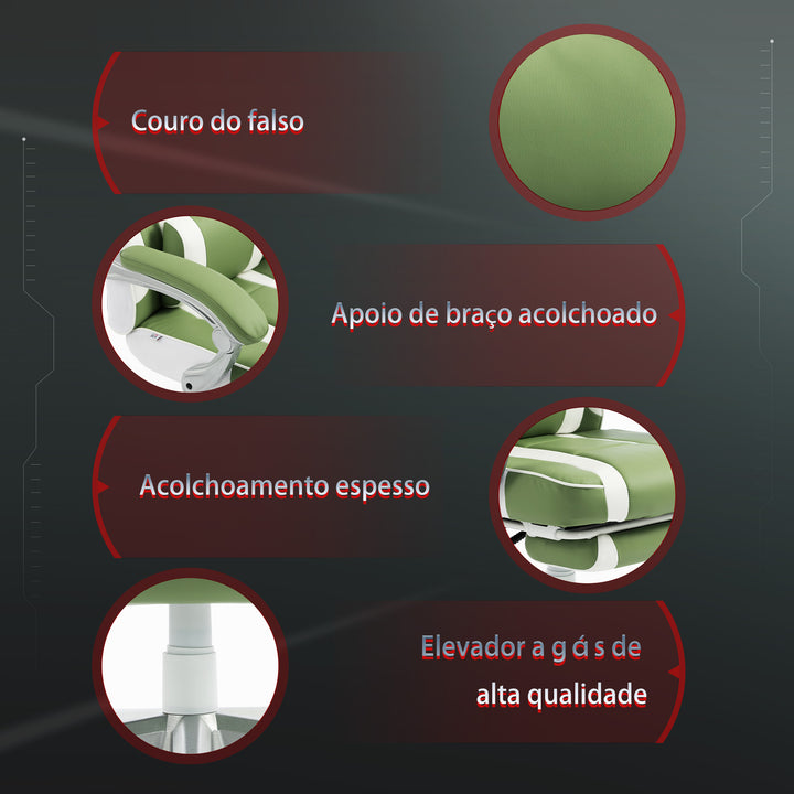 Cadeira Gaming Reclinável com Encosto Ajustável, Apoio para os Pés Retrátil, Suporte Lombar e Almofada de Cabeça para Escritório ou Estudo, Verde
