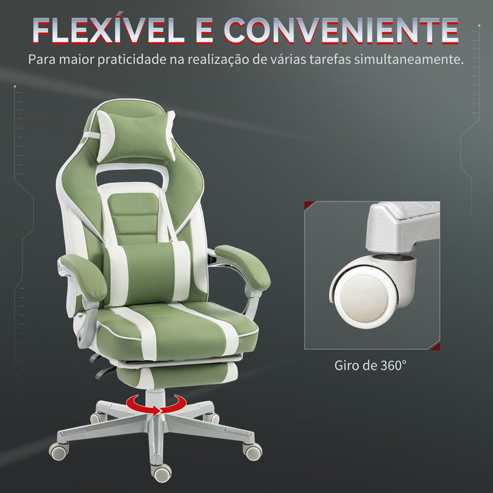 Cadeira Gaming Reclinável com Encosto Ajustável, Apoio para os Pés Retrátil, Suporte Lombar e Almofada de Cabeça para Escritório ou Estudo, Verde