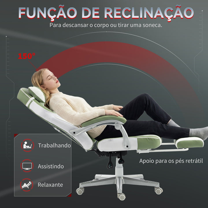 Cadeira Gaming Reclinável com Encosto Ajustável, Apoio para os Pés Retrátil, Suporte Lombar e Almofada de Cabeça para Escritório ou Estudo, Verde