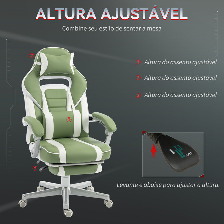 Cadeira Gaming Reclinável com Encosto Ajustável, Apoio para os Pés Retrátil, Suporte Lombar e Almofada de Cabeça para Escritório ou Estudo, Verde