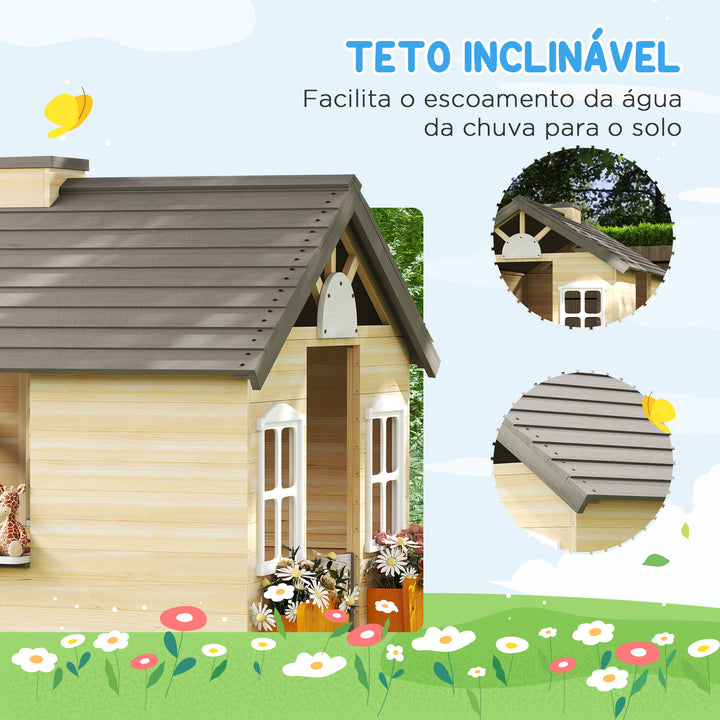 Casa de Jardim de Madeira Casa de Madeira de Exterior para Crianças de 3-7 Anos com Janelas 2 Floreiras e 1 Banco 113x94x134,5 cm Madeira