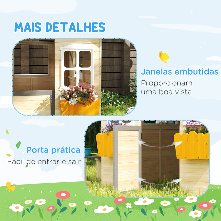 Casa de Jardim de Madeira Casa de Madeira de Exterior para Crianças de 3-7 Anos com Janelas 2 Floreiras e 1 Banco 113x94x134,5 cm Madeira