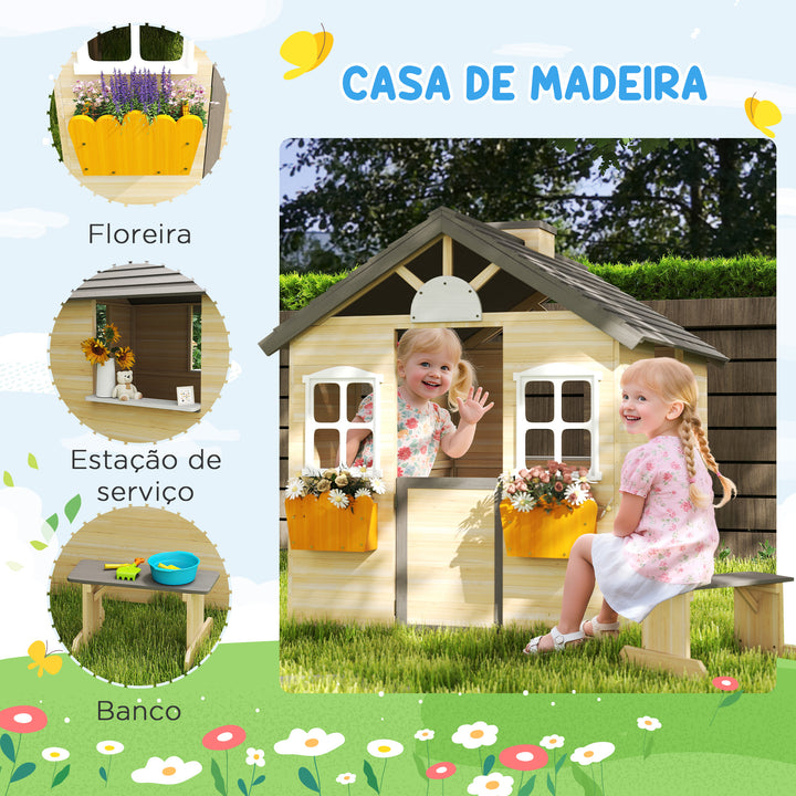 Casa de Jardim de Madeira Casa de Madeira de Exterior para Crianças de 3-7 Anos com Janelas 2 Floreiras e 1 Banco 113x94x134,5 cm Madeira