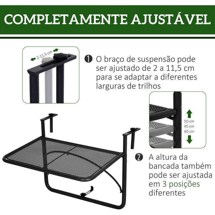 Mesa suspensa para varanda com braço ajustável e altura ajustável em 3 posições Estrutura de metal máx. 30 kg 60x56,5x45 cm Preto