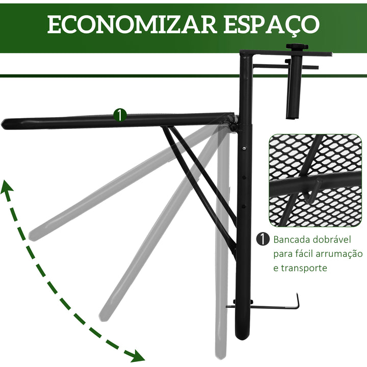 Mesa suspensa para varanda com braço ajustável e altura ajustável em 3 posições Estrutura de metal máx. 30 kg 60x56,5x45 cm Preto
