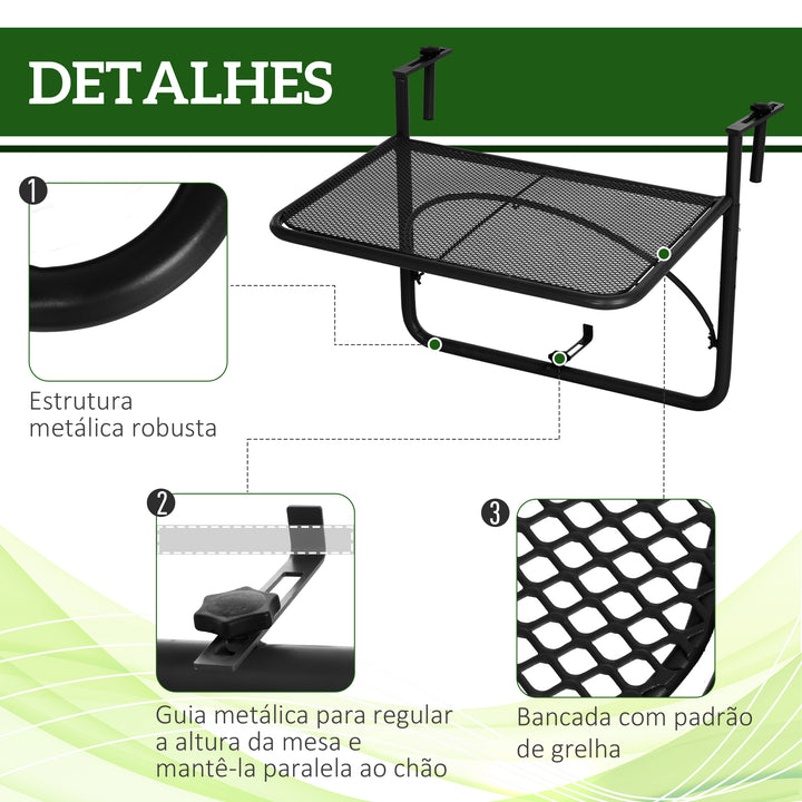 Mesa suspensa para varanda com braço ajustável e altura ajustável em 3 posições Estrutura de metal máx. 30 kg 60x56,5x45 cm Preto