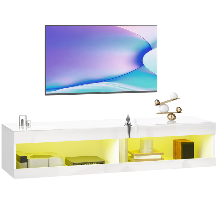 Móvel de TV Suspenso com Luzes LED Controlo Remoto Compartimentos Orifício Passa-Cabos para Televisão 55-60 Polegadas 140x40x30 cm Branco Brilhante