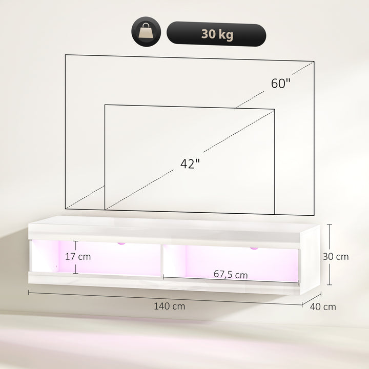 Móvel de TV Suspenso com Luzes LED Controlo Remoto Compartimentos Orifício Passa-Cabos para Televisão 55-60 Polegadas 140x40x30 cm Branco Brilhante