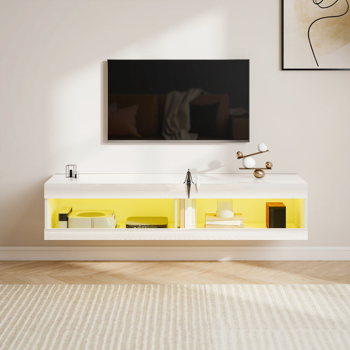Móvel de TV Suspenso com Luzes LED Controlo Remoto Compartimentos Orifício Passa-Cabos para Televisão 55-60 Polegadas 140x40x30 cm Branco Brilhante