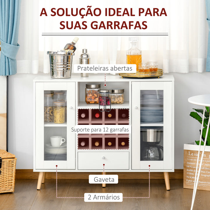 Aparador de Cozinha Armário de Armazenamento com 12 suportes para Garrafas e 3 Estantes Portas de vidro 100x30x80cm Branco