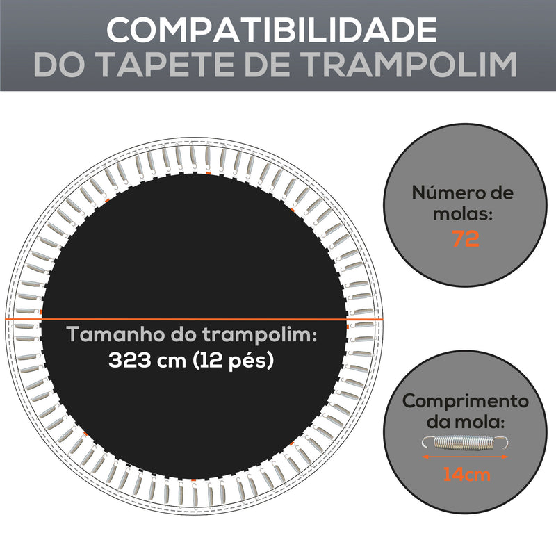 Tapete de Substituição para Trampolim Redondo Ø323 cm Tapete para Trampolim de 12 Pés Anti-UV e 8 Filas de Costuras Preto