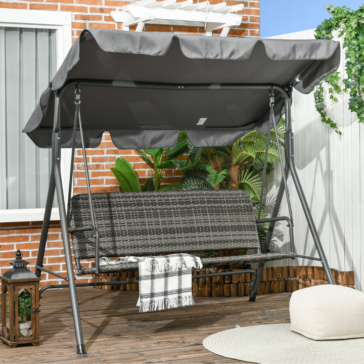 Banco Baloiço de Jardim Baloiço de Exterior com Toldo Ajustável Assento em Vime PE e Apoio para os Braços para Varanda Pátio Carga 240 kg 167x112x153 cm Cinza