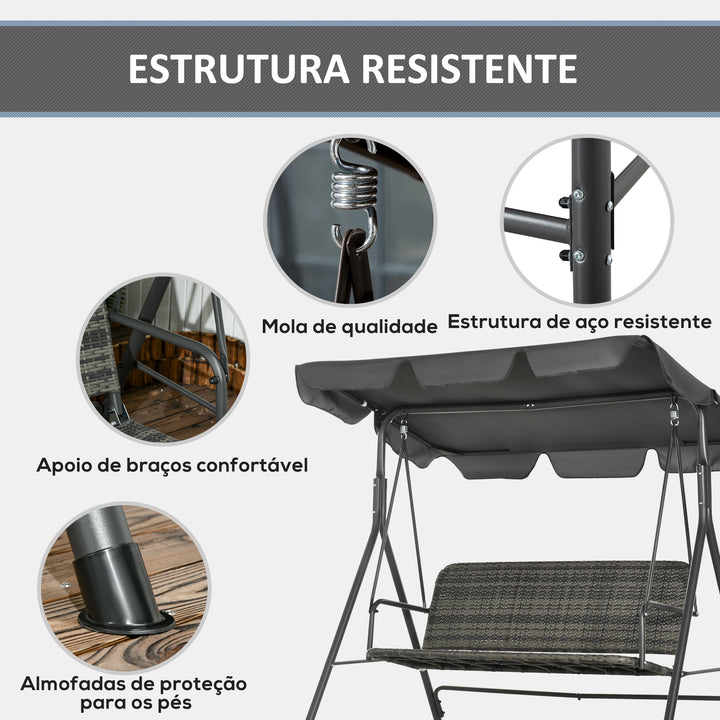Banco Baloiço de Jardim Baloiço de Exterior com Toldo Ajustável Assento em Vime PE e Apoio para os Braços para Varanda Pátio Carga 240 kg 167x112x153 cm Cinza