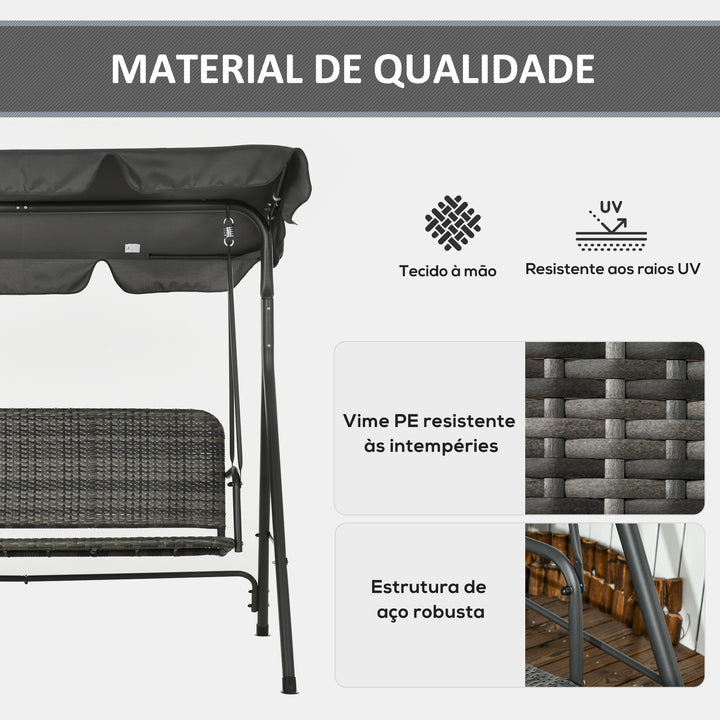 Banco Baloiço de Jardim Baloiço de Exterior com Toldo Ajustável Assento em Vime PE e Apoio para os Braços para Varanda Pátio Carga 240 kg 167x112x153 cm Cinza