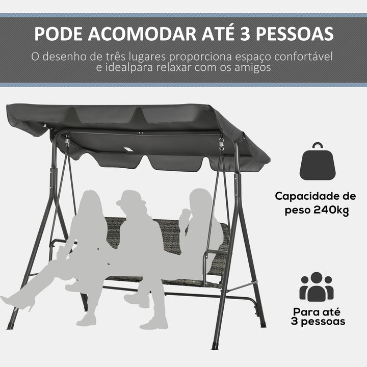 Banco Baloiço de Jardim Baloiço de Exterior com Toldo Ajustável Assento em Vime PE e Apoio para os Braços para Varanda Pátio Carga 240 kg 167x112x153 cm Cinza