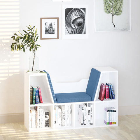 Estante para Livros com Banco Integrado e 6 Cubos Estante Infantil com Assento 102x30x61 cm Branco e Azul