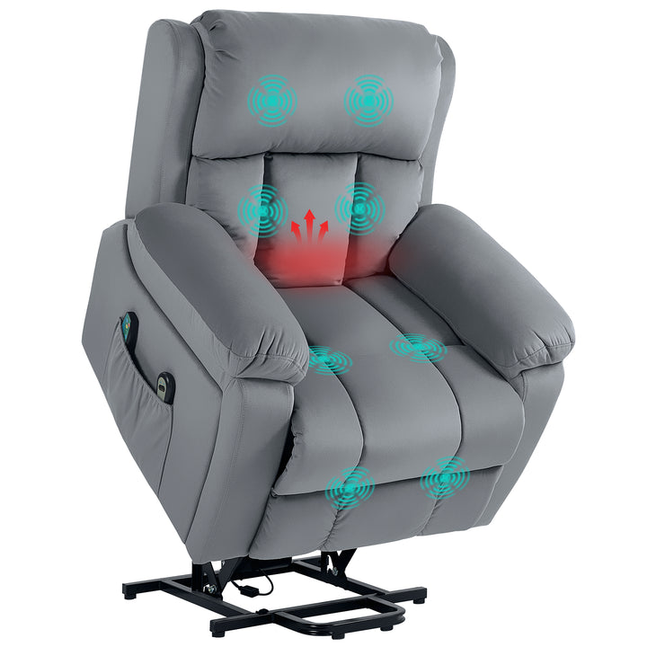 Poltrona Reclinável Elétrica com Função de Elevação, Massagem Vibratória e Calor, Comandos Remotos, Apoio para Pés, Pele Sintética, Bolsos Laterais, Cinzento