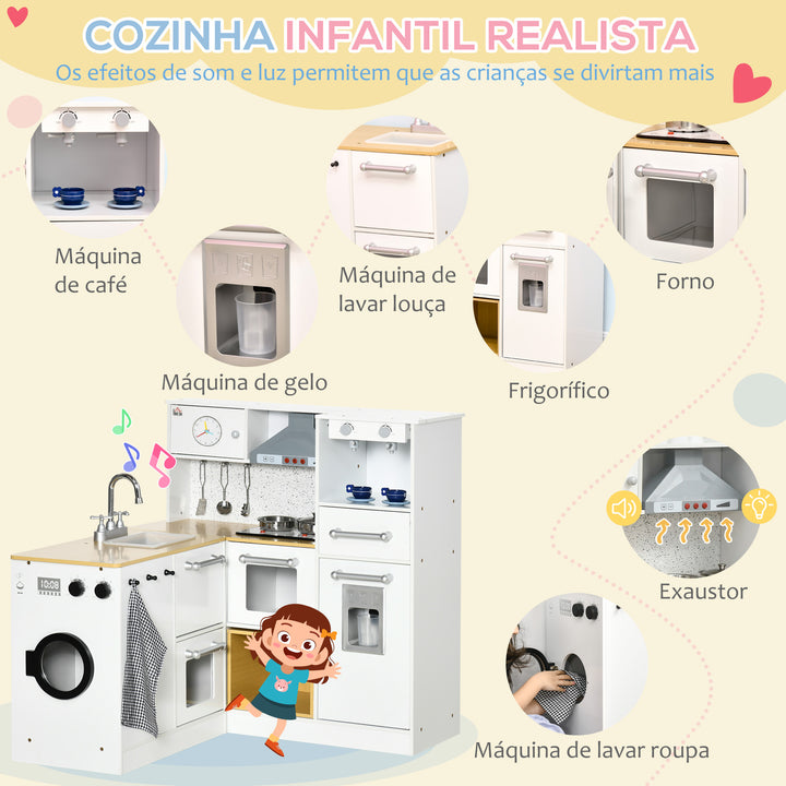 Cozinha Infantil de Madeira Cozinha para Crianças acima de 3 Anos com Luz Sons Máquina de Café Frigorífico Lavatório Branca
