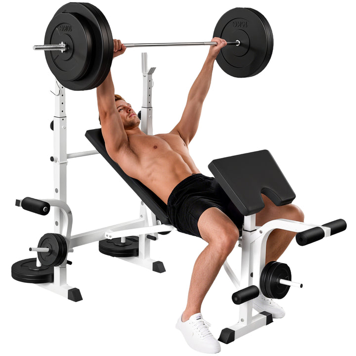 Banco de Musculação Multifuncional Inclinável com Suporte para Barra Ajustável Extensão de Pernas Curl de Predicador para Treino em Casa e Ginásio 180x134x113-136 cm Preto