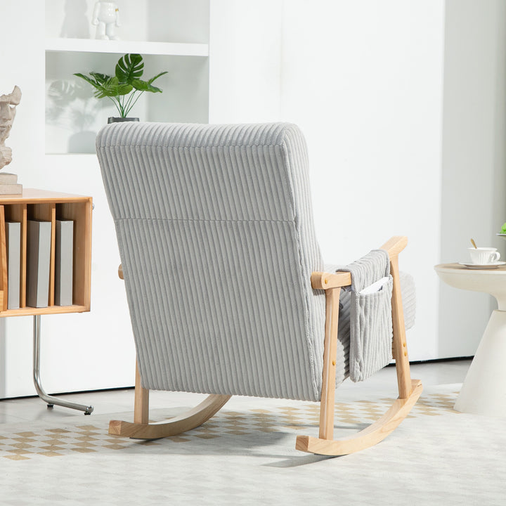 Poltrona Baloiço Moderna em Veludo Cotelê com Pés e Apoio para os Braços com Madeira de Faia Almofada Lombar e Bolso Poltrona de Amamentação Carga 120 kg para Dormitório Sala de Estar 65x90x98 cm Cinza