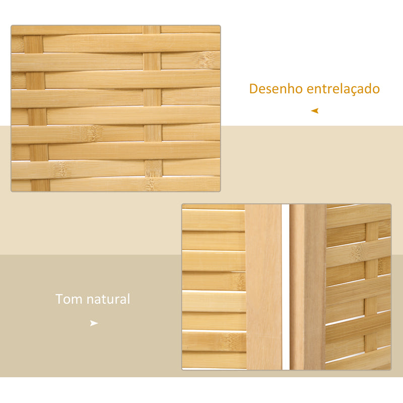 Biombo de 3 Paineis Separador de Ambientes Dobrável 120x1,8x170 cm Divisor de Ambientes com Padrão Tecido em Bambu Estilo Rústico para Escritório Dormitório Sala de Estar Madeira