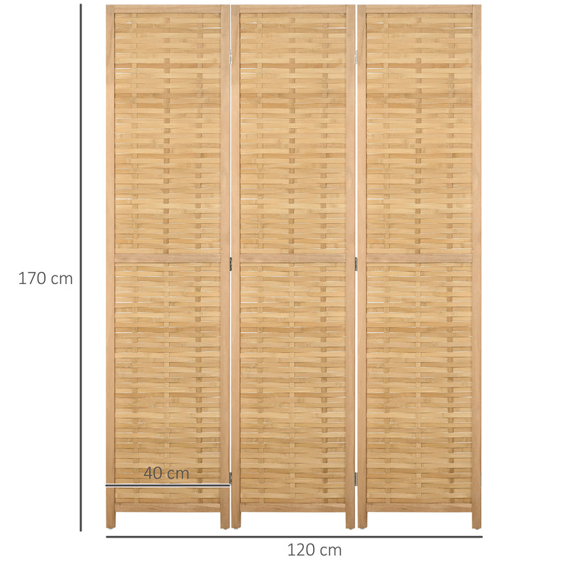 Biombo de 3 Paineis Separador de Ambientes Dobrável 120x1,8x170 cm Divisor de Ambientes com Padrão Tecido em Bambu Estilo Rústico para Escritório Dormitório Sala de Estar Madeira