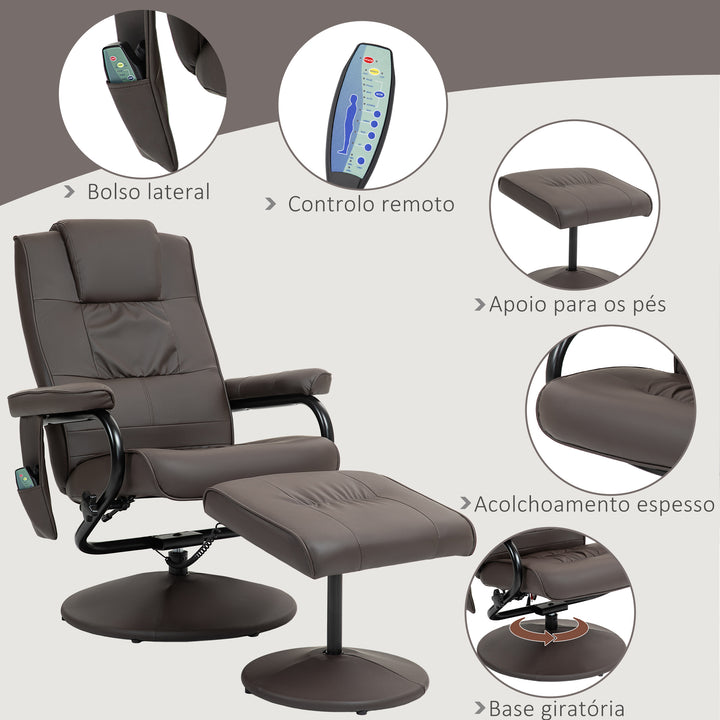 Poltrona de Massagem Elétrica com Banco para Apoiar os Pés Poltrona Relax Giratório Reclinável em até 145° com Controle Remoto e 10 Zonas de Massagem Estofado em PU 77x84x95 cm Marrom Escuro