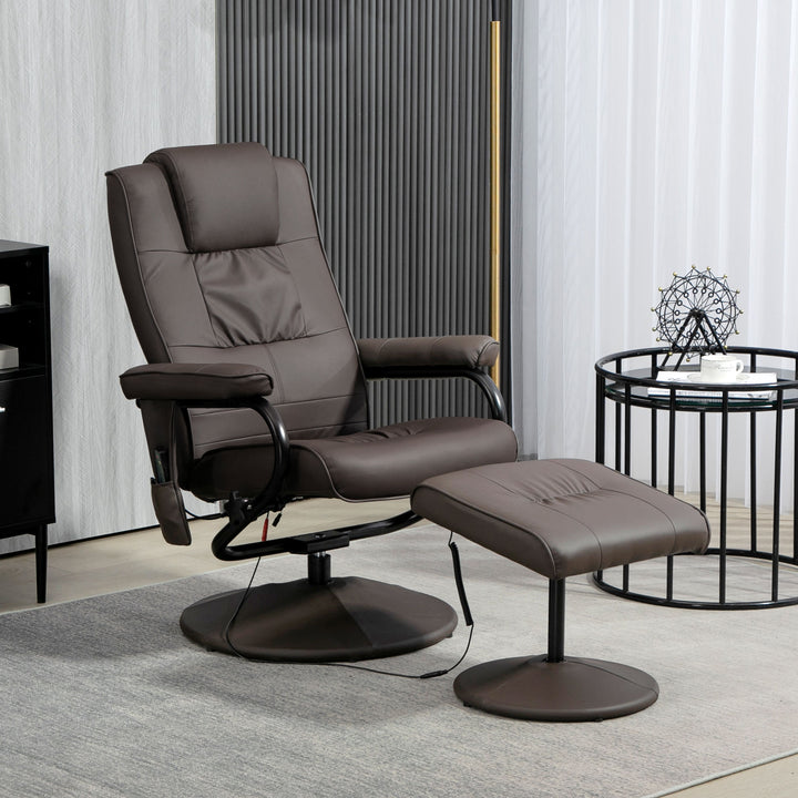 Poltrona de Massagem Elétrica com Banco para Apoiar os Pés Poltrona Relax Giratório Reclinável em até 145° com Controle Remoto e 10 Zonas de Massagem Estofado em PU 77x84x95 cm Marrom Escuro
