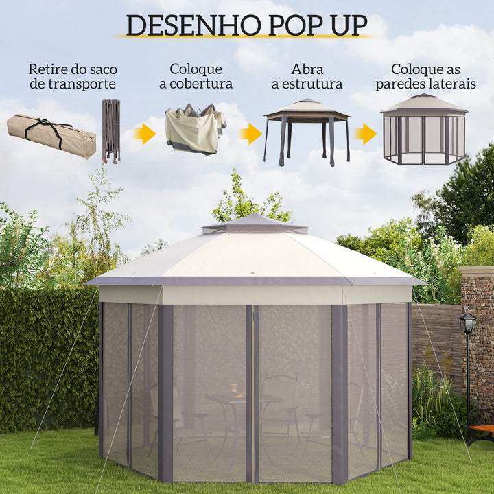 Tenda Dobrável 4x3,4 m Tenda de Jardim Hexagonal com Duplo Teto 6 Mosquiteiras Destacáveis e Saco de Transporte Impermeável Anti-UV para Exterior Festas Castanho e Bege