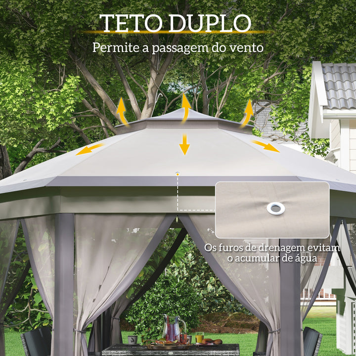 Tenda Dobrável 4x3,4 m Tenda de Jardim Hexagonal com Duplo Teto 6 Mosquiteiras Destacáveis e Saco de Transporte Impermeável Anti-UV para Exterior Festas Castanho e Bege