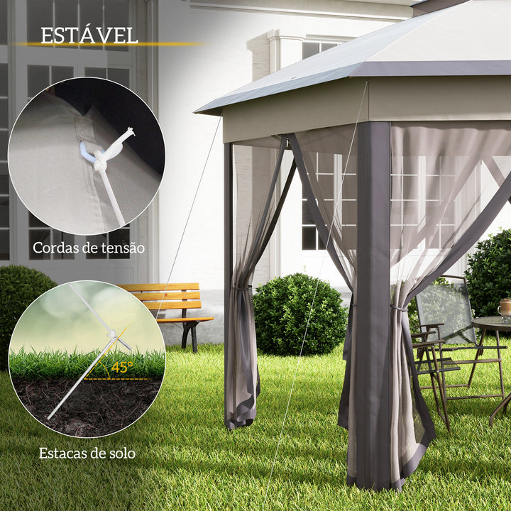 Tenda Dobrável 4x3,4 m Tenda de Jardim Hexagonal com Duplo Teto 6 Mosquiteiras Destacáveis e Saco de Transporte Impermeável Anti-UV para Exterior Festas Castanho e Bege
