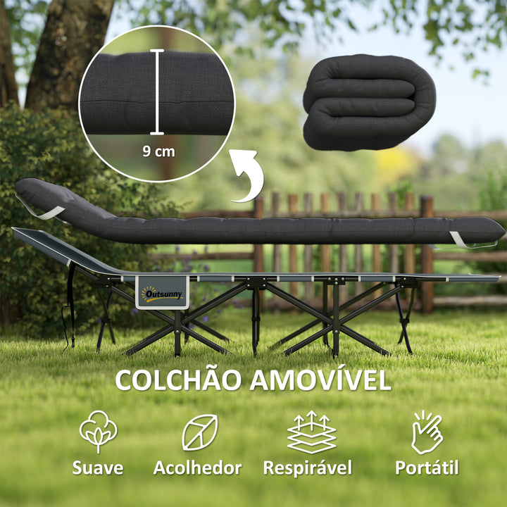 Cama Dobrável para Campismo Cama de Acampamento Portátil com Apoio para Cabeça Colchão Amovível e Bolsa de Transporte Carga 150 kg para Praia Senderismo 196x68x37 cm Preto