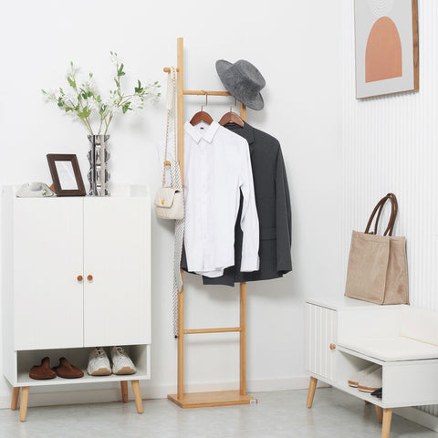 Cabide de Pé de Bambu Cabide de Pé para Roupas com 2 Ganchos e 3 Barras Suspensas para Entrada Corredor Dormitório Estilo Moderno 36x24x168cm Madeira