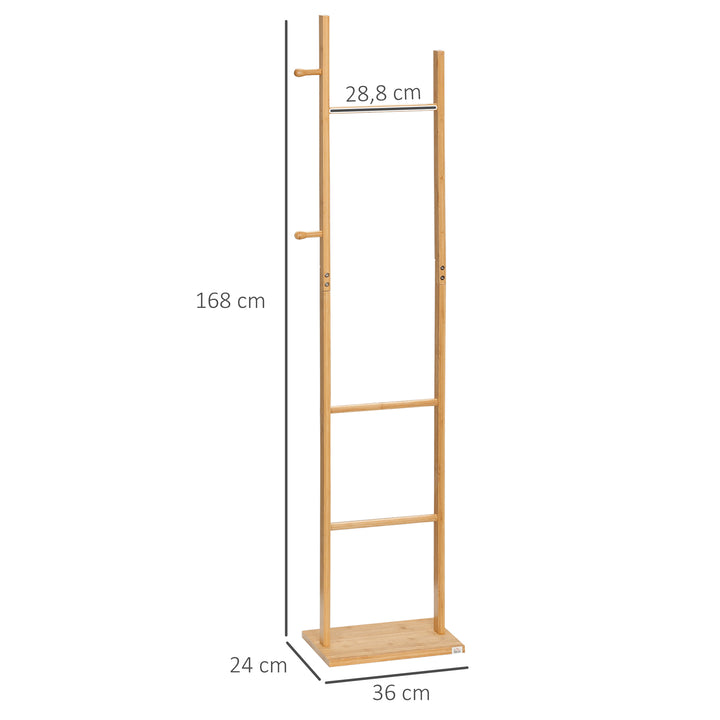Cabide de Pé de Bambu Cabide de Pé para Roupas com 2 Ganchos e 3 Barras Suspensas para Entrada Corredor Dormitório Estilo Moderno 36x24x168cm Madeira