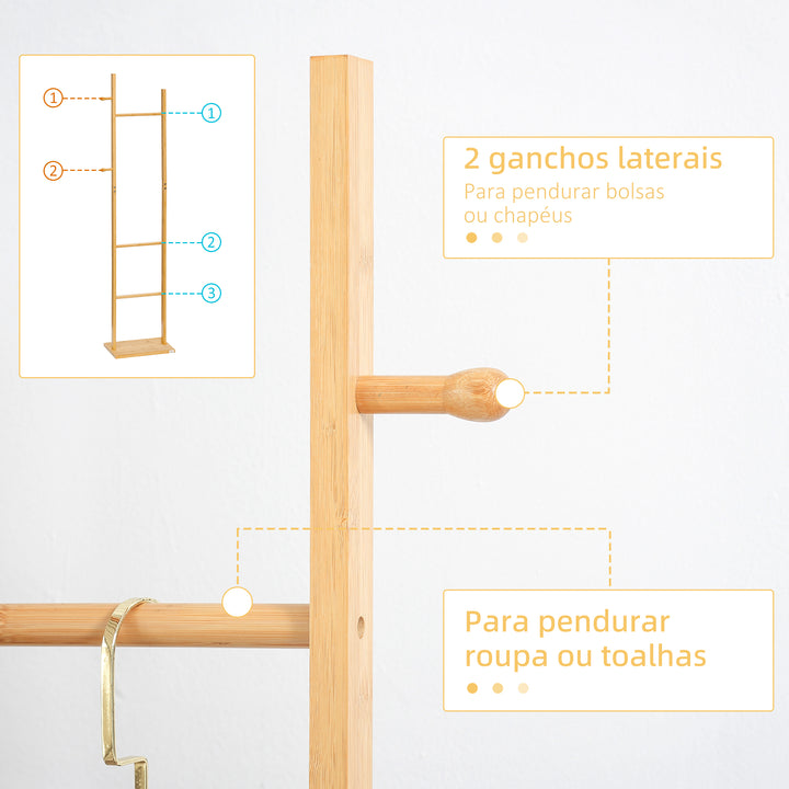 Cabide de Pé de Bambu Cabide de Pé para Roupas com 2 Ganchos e 3 Barras Suspensas para Entrada Corredor Dormitório Estilo Moderno 36x24x168cm Madeira