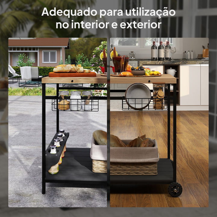 Carrinho Auxiliar com Rodas de Madeira Carro de Serviço com 2 Prateleiras 2 Cestas Metálicas e Suportes para Garrafas para Jardim Varanda Pátio 97,5x65x81 cm Madeira e Preto