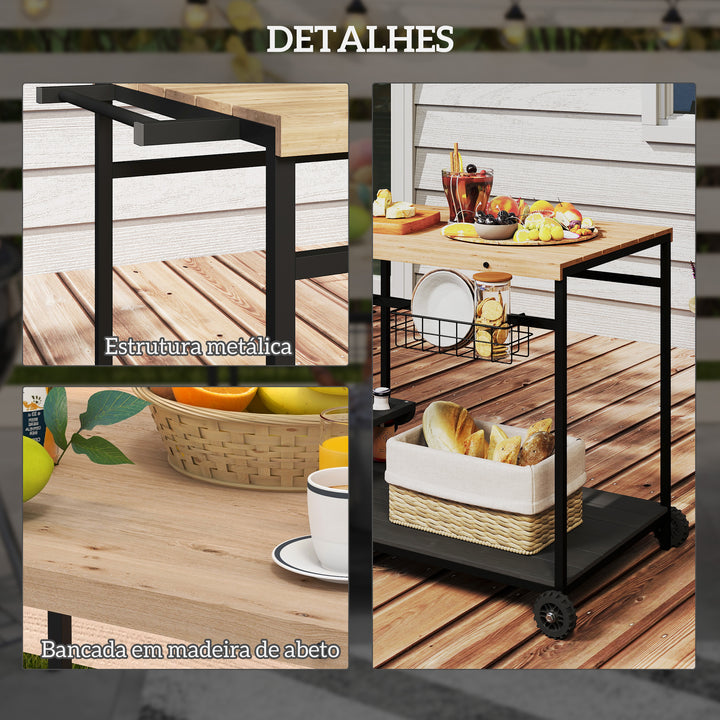 Carrinho Auxiliar com Rodas de Madeira Carro de Serviço com 2 Prateleiras 2 Cestas Metálicas e Suportes para Garrafas para Jardim Varanda Pátio 97,5x65x81 cm Madeira e Preto