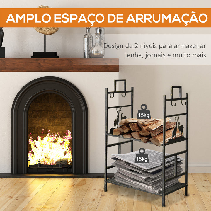 Suporte para Lenha de Ferro Forjado de 2 Níveis com 4 Ferramentas para Interior e Exterior 51,5x33x77 cm Preto e Dourado