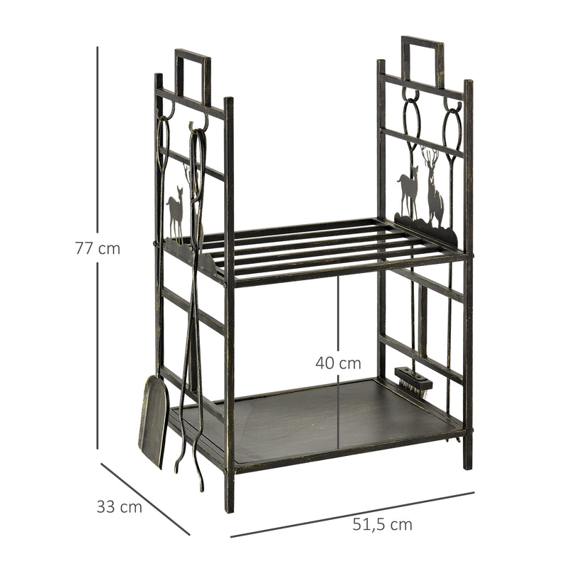 Suporte para Lenha de Ferro Forjado de 2 Níveis com 4 Ferramentas para Interior e Exterior 51,5x33x77 cm Preto e Dourado