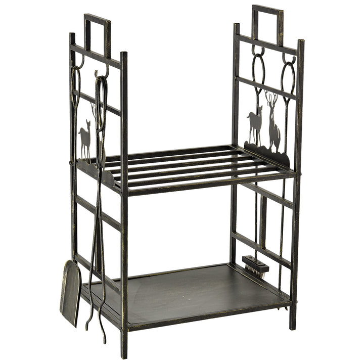Suporte para Lenha de Ferro Forjado de 2 Níveis com 4 Ferramentas para Interior e Exterior 51,5x33x77 cm Preto e Dourado