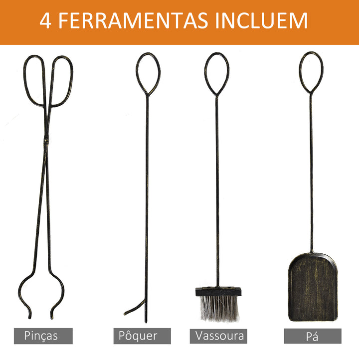 Suporte para Lenha de Ferro Forjado de 2 Níveis com 4 Ferramentas para Interior e Exterior 51,5x33x77 cm Preto e Dourado