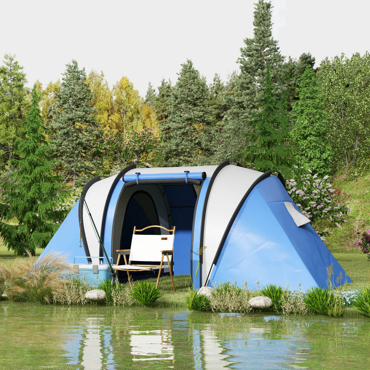 Tenda de Campismo Familiar para 4-5 Pessoas Tenda de Campismo Túnel Impermeável 3000 mm com 2 Quartos Bolsa de Transporte e Gancho Ideal para Caminhadas e Pesca Azul