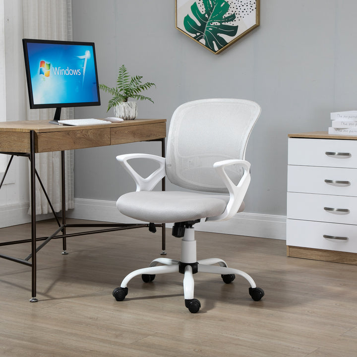 Cadeira de Oficina Ergonômica Basculante com Altura Ajustável Assento Giratório 360° Suporte Lombar e Malha Transpirável 61x61x89-99cm Cinza e Branco