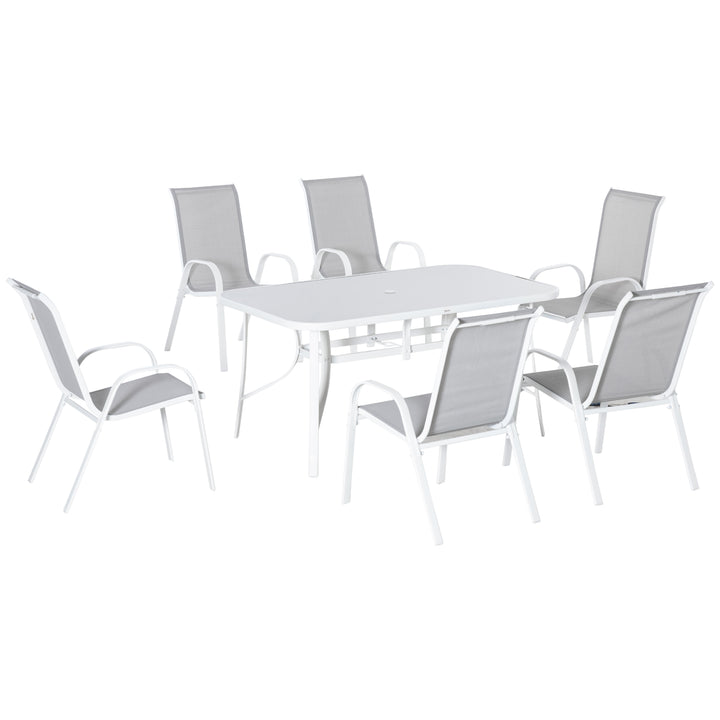 Conjunto de Jardim Refeição de 7 Peças Jogo de Mesa e 6 Cadeiras para Terraço com Tampo de Vidro Cinza
