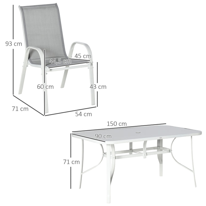 Conjunto de Jardim Refeição de 7 Peças Jogo de Mesa e 6 Cadeiras para Terraço com Tampo de Vidro Cinza