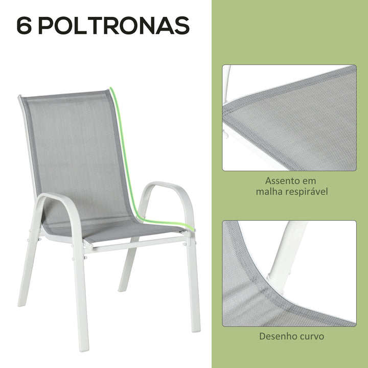 Conjunto de Jardim Refeição de 7 Peças Jogo de Mesa e 6 Cadeiras para Terraço com Tampo de Vidro Cinza