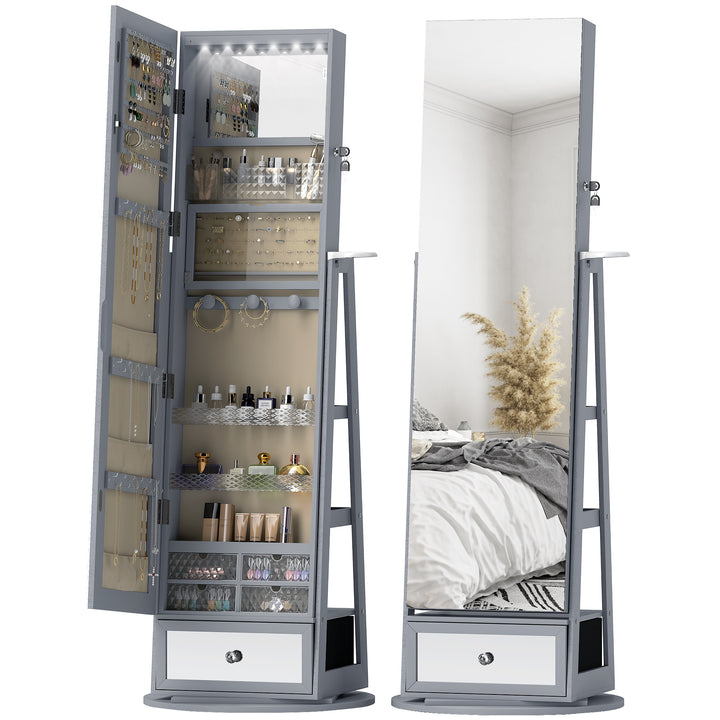 Espelho de Pé Giratório 360° com Espelho com Interior Iluminado Organizador de Jóias com Espelho de Corpo Inteiro Prateleiras e Gavetas para Quarto ou Closet 56x56x164 cm Cinza Claro